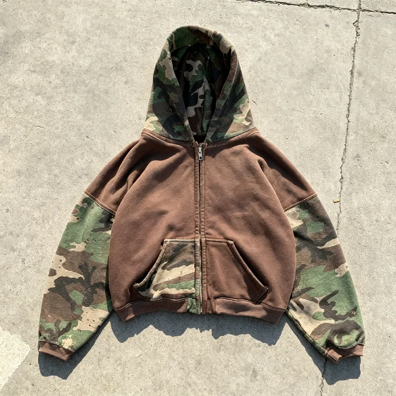 Heavyweight Cotton Oversize Camo Hoody Distressed Camouflage Pattern Unisex Zip up Streetwear Custom Casual Apparel