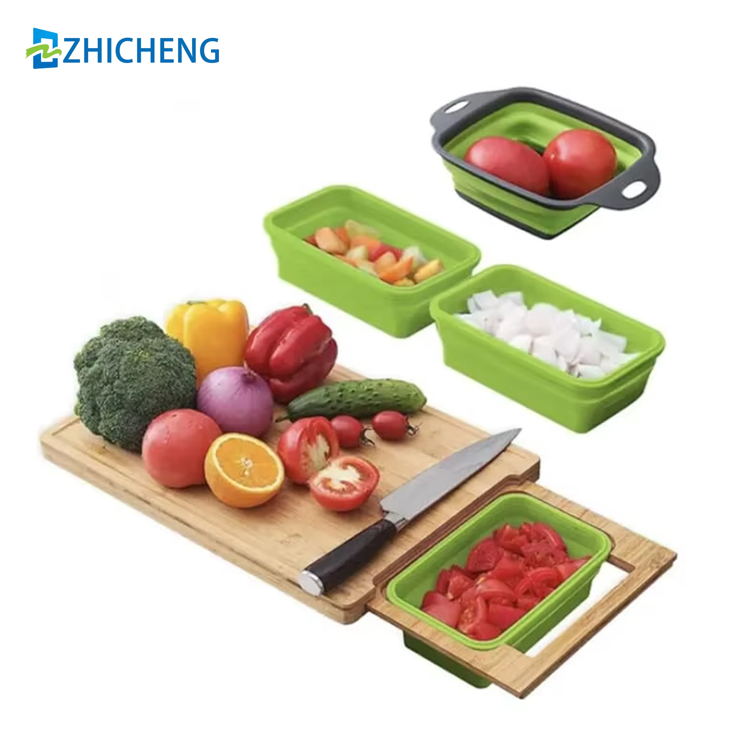 Cutting Board with Containers Meal All-in-One Cutting Board Set with 3 Collapsible Food Storage Containers Strainer for Kitchen