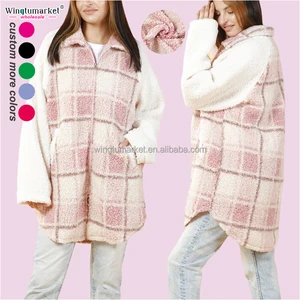 Winter Coats Ladies Custom Private Label Zipper Pockets Long Sleeve Shacket Plus Size Fleece Jacket Coat for Women