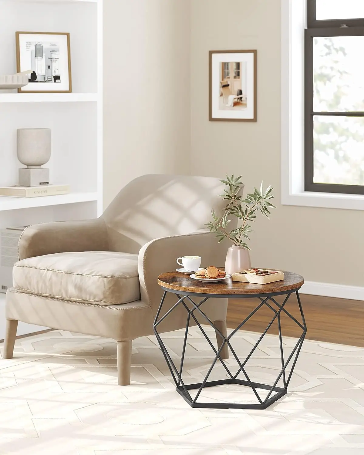 Combohome Living Room Furniture Metal Frame 2-tier Wood  Top Round Coffee Table with Storage Shelf