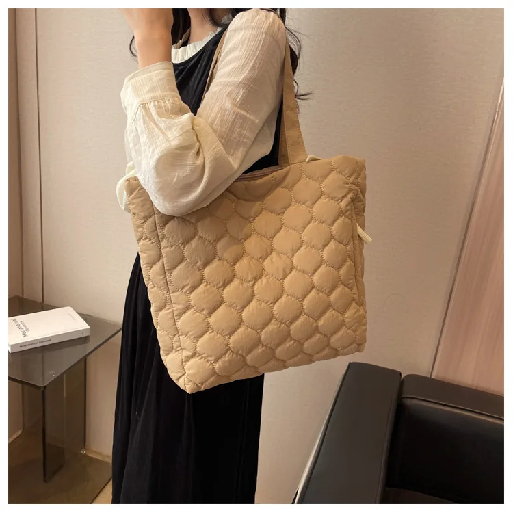 Women's Lightweight Quilted Puffer Tote Bag Cotton Padded Shoulder Handbag with Two Handles Open Closure