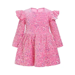 ODM Customizable Sequin Dress Long Sleeves Ruffle Shoulder Velvet Children Summer Knee-Length Solid Girl Dress