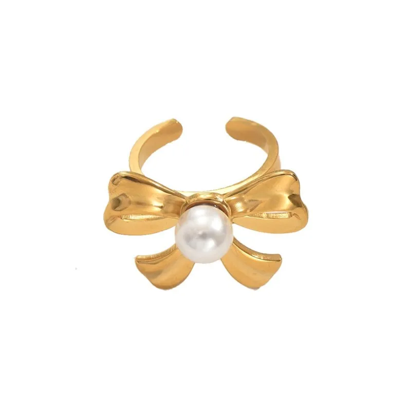 Elegant Simple Personalized Pearl-inlaid Design Adjustable 18k Gold Bow Ring for Pearl Setting Opening Finger Ring