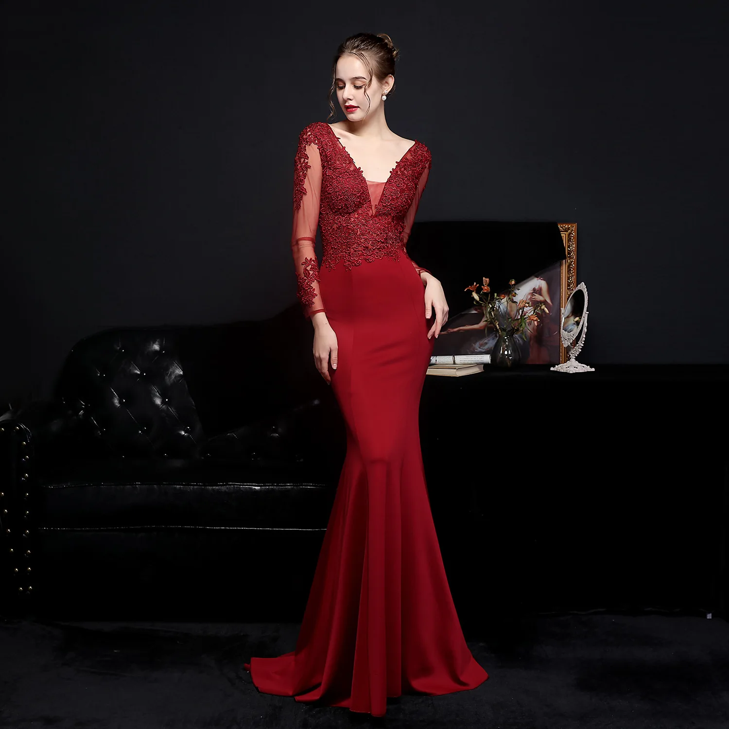 S2742F     2025 New High Quality Lace Perm Toast  Bride  Elegant Fishtail Evening Dress