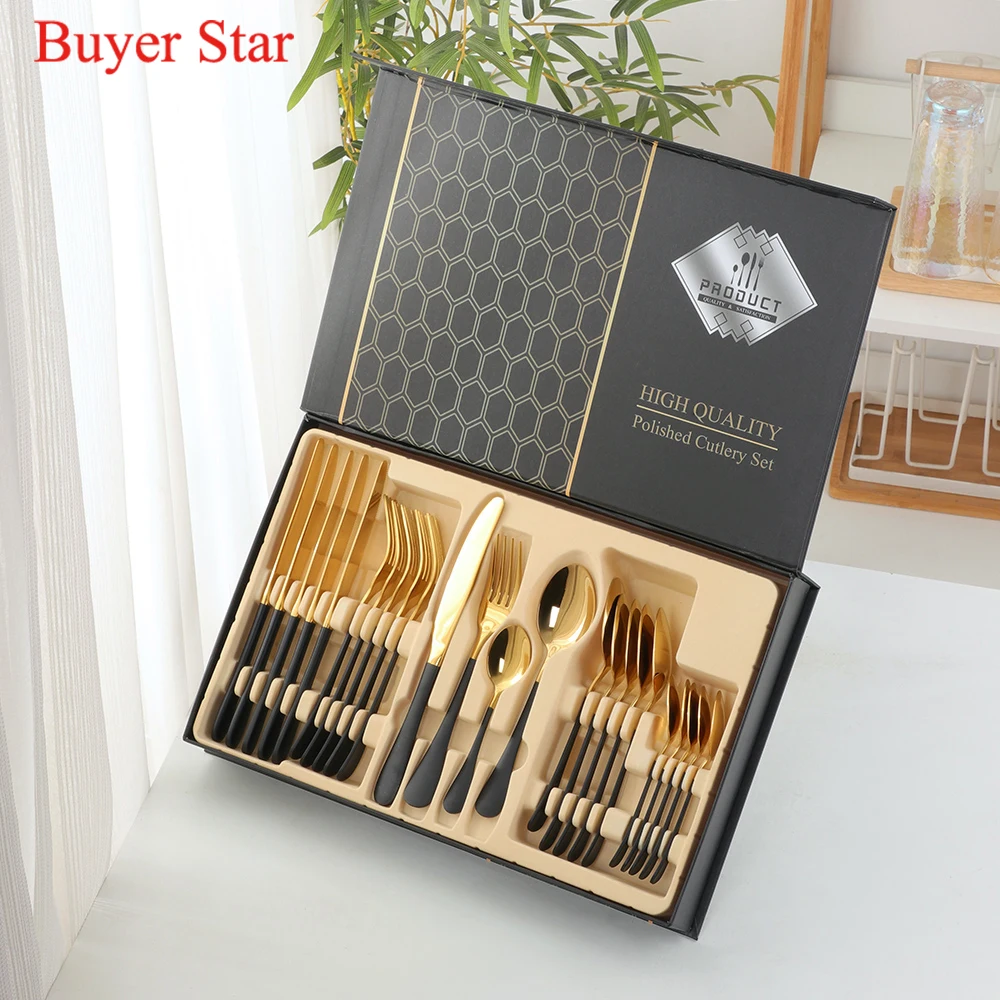 Luxury Black Gold Cutlery Sets Stainless Steel Flatware Set With Case