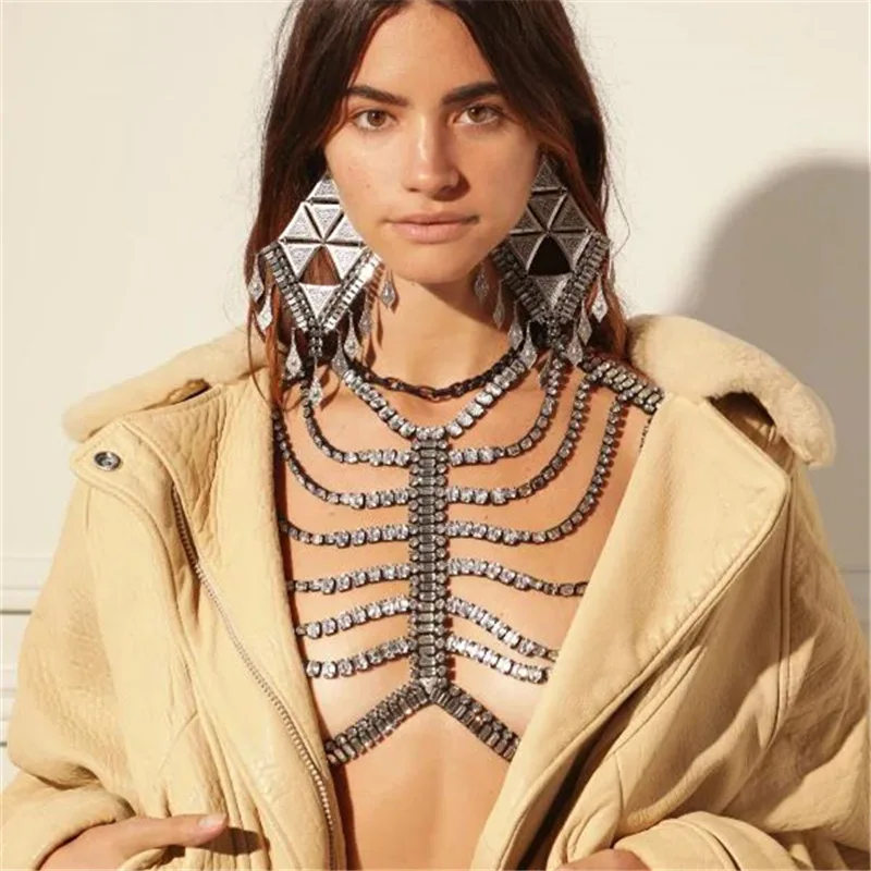 Multilayer Big Crystal Halter Chest Chain Women Performance Jewelry Sexy Beach Bra Body Jewelry