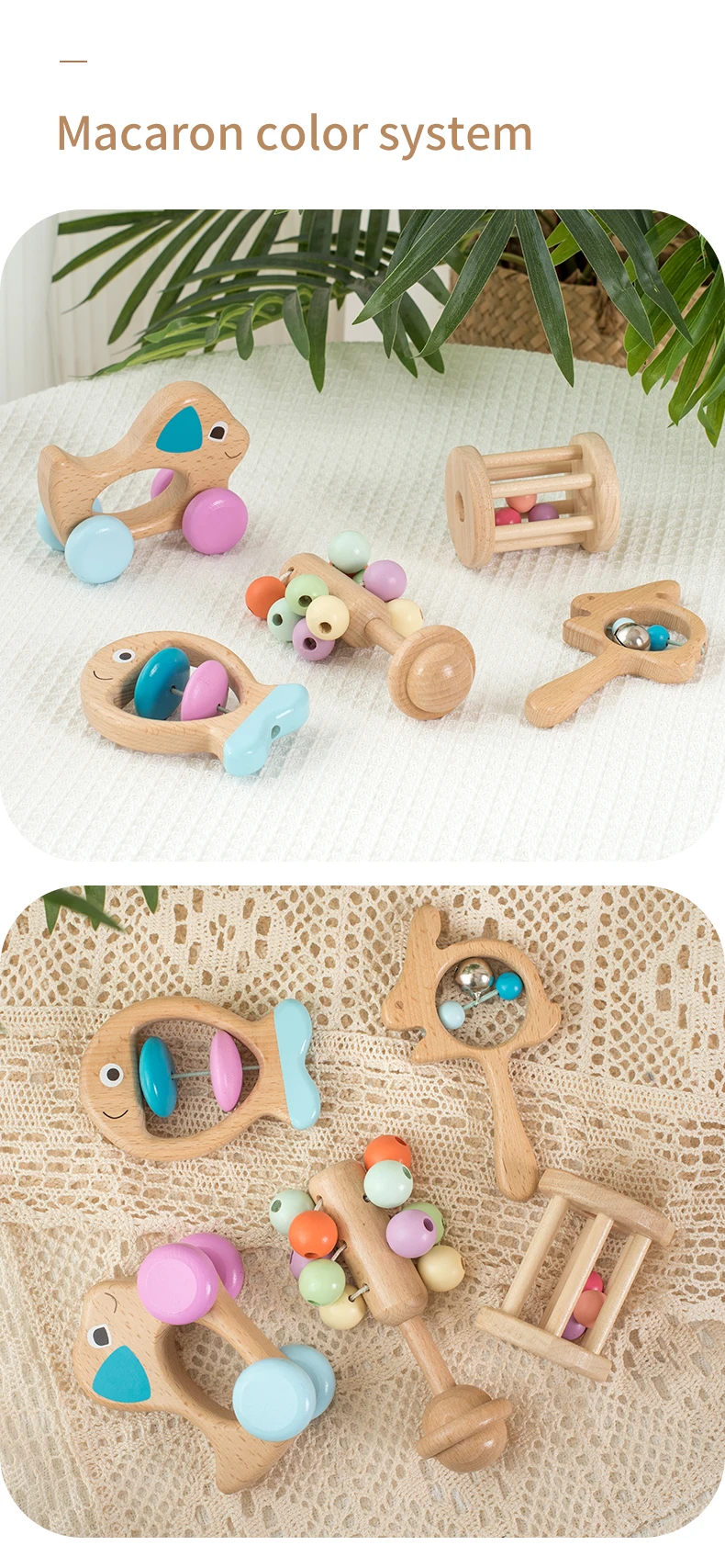 2023 New Color Matching Wooden Baby Toy Baby Rattles Toys Set Shake