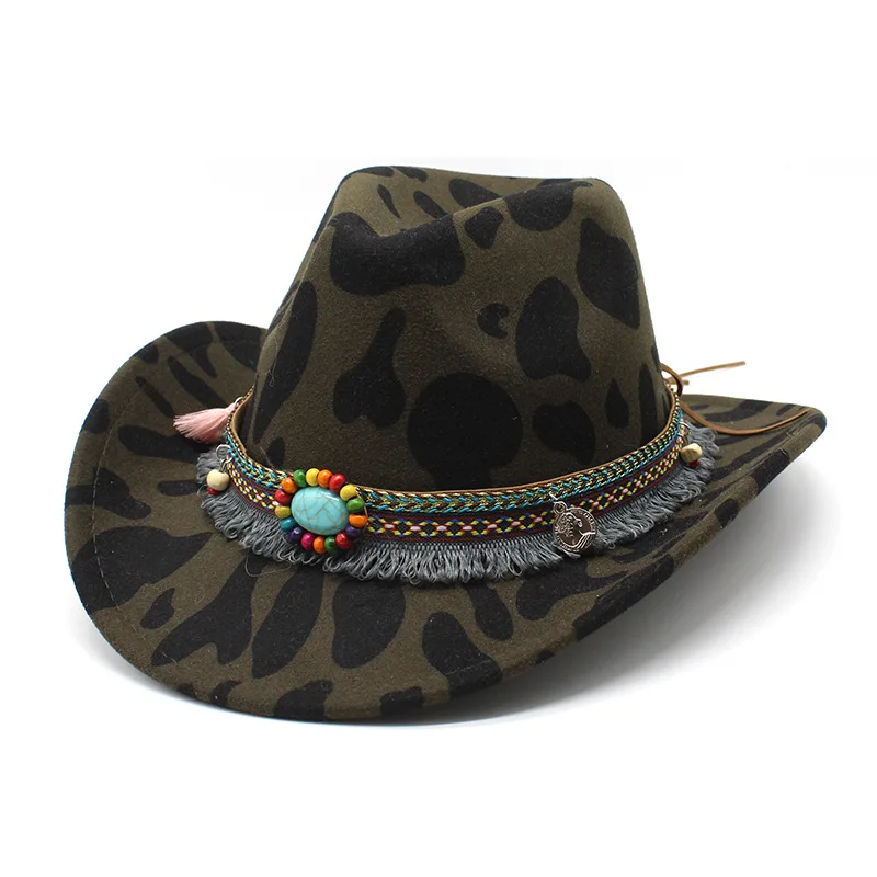 2024 Wholesale Cow Print Turquoise Fringe Brim Cowgirl Hats Women