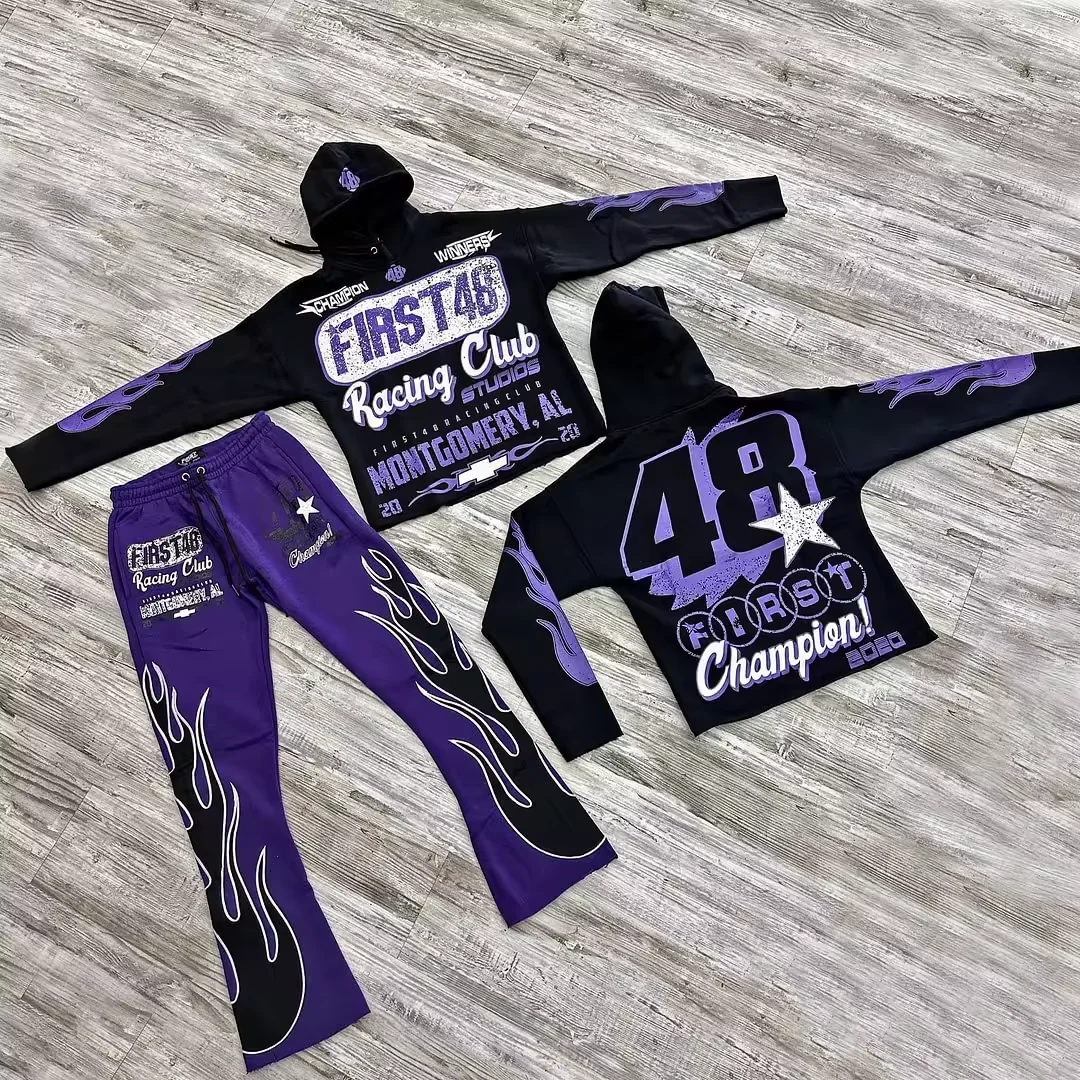 Salati OEM Custom Heavy Weight Tracksuit Fleece Cropped Silk Screen Printing Y2K Flare Sweatpants and Hoodie Sets for Men gallery 9