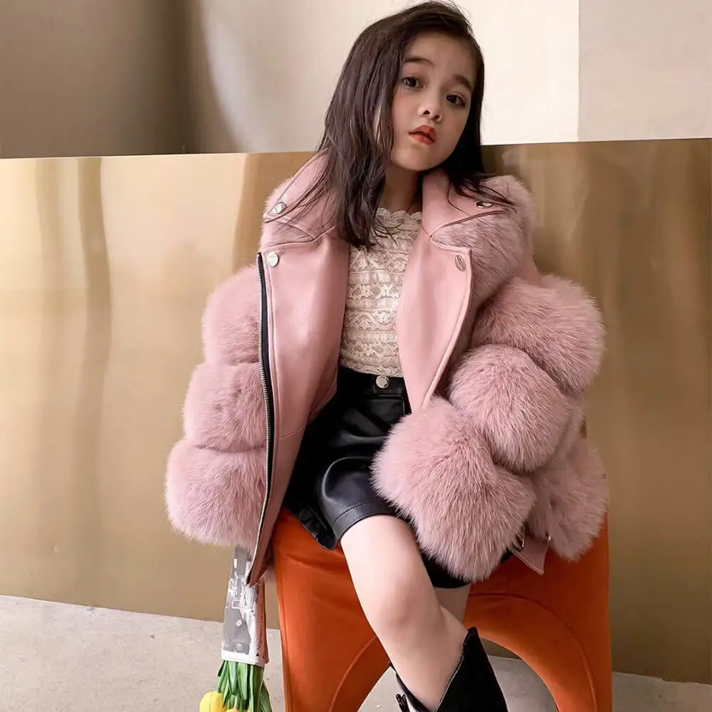 Fluffy Jacket Winter Wears Petite Girls Warm Sheepskin Fox Fur Coat Fashion Furry Kids Winter Coat With Real Fur