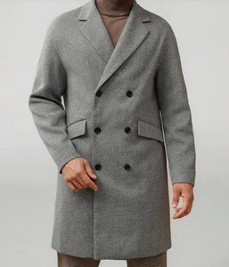 Men's Winter Long Woolen Coat Double Faced Genuine Wool Trench Overcoat with Double Breasted Button Closure Notched Lapel Blazer