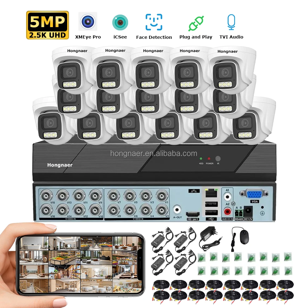 Hongnaer 5MP Home AHD Coaxial Audio Video Monitor Surveil Security Camera Kit System Analog DVR 16 Channel CCTV Camera System