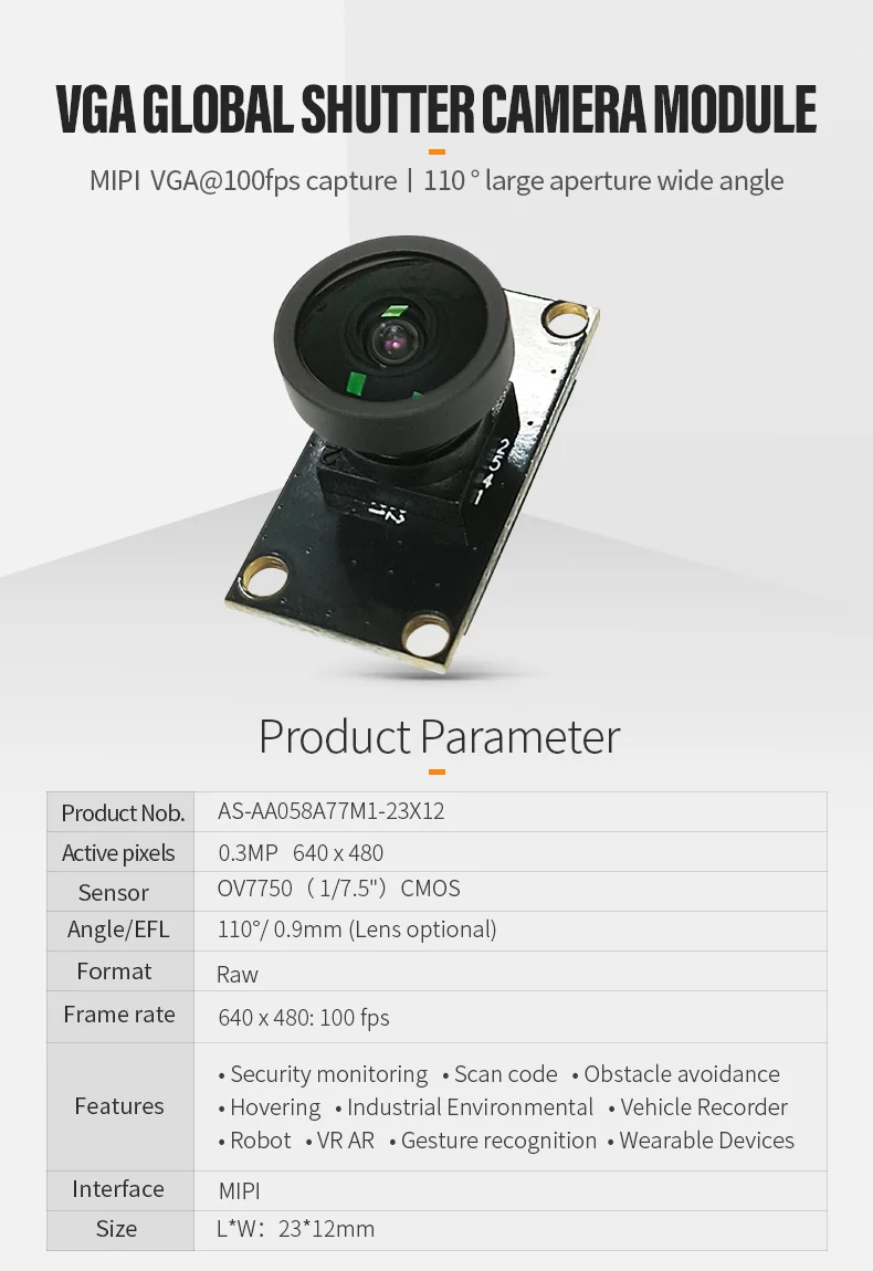 DGZX High definition 0.3MP VGA 100 frame OV7750 global exposure RGB scanning intelligent wearable camera module插图