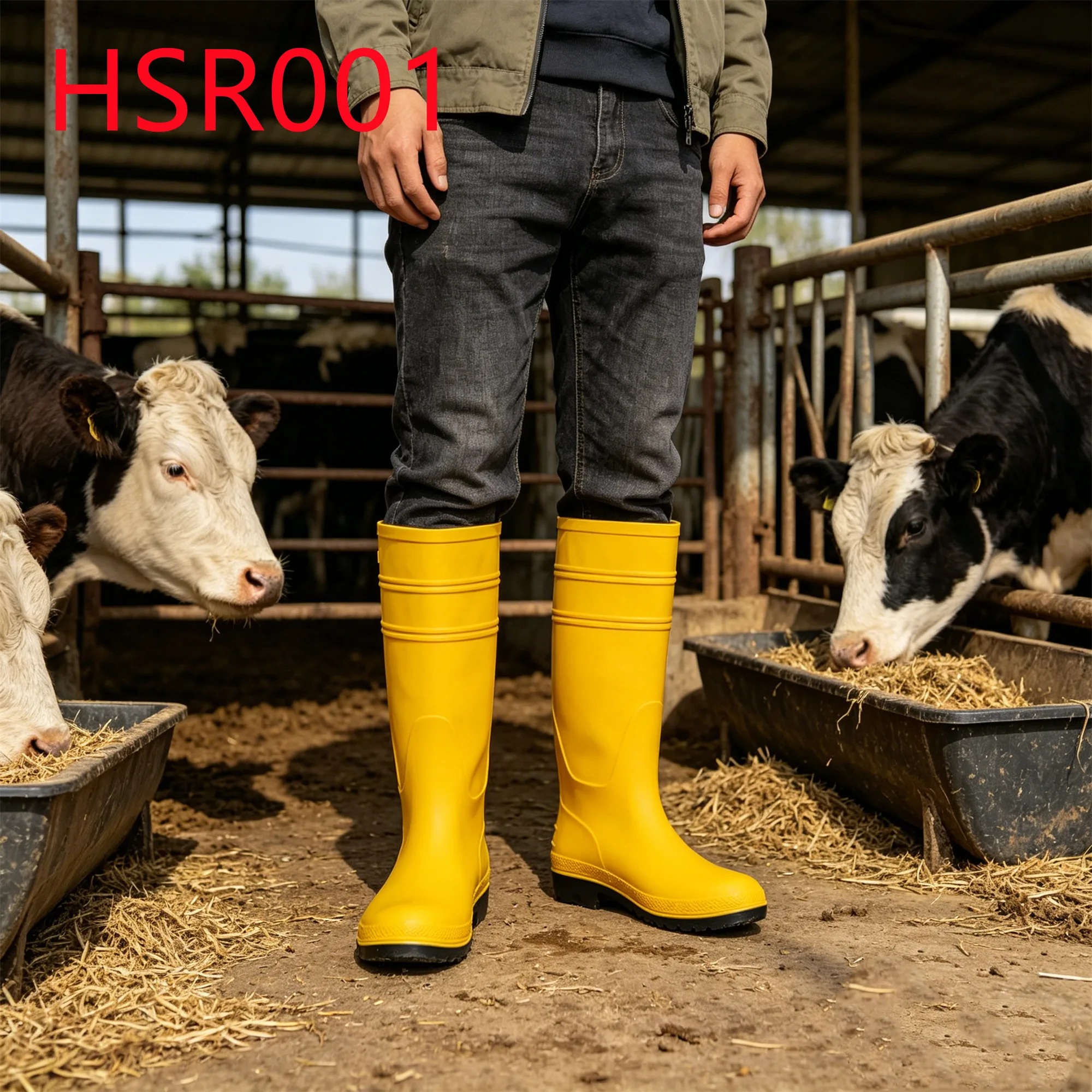 HY,Sewage Treatment High-Calf Black/yellow Hua Singh Rain Boots All-Weather Ready Integral Molding PVC Rubber Boots HSR001