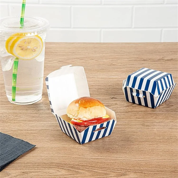 Custom 2.5 X 2.5 X 2 Inch Mini Burger Boxes Hinged Lid Striped Blue and White Paper Take Out Boxes Serve Sliders or Finger Foods
