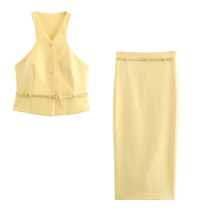 New Fashion 2025 Autumn Suit Vintage Single Breasted Sleeveless Top Straight Long Skirt Chic Solid Women Sashes Suit Skirt Set