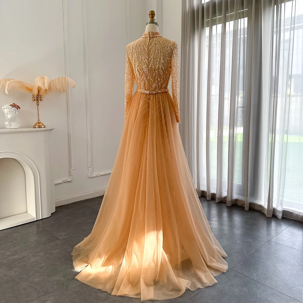 Elegant Gold Mermaid Arabic Evening Dress With Overskirt Long Sleeves  Luxury Muslim Wedding Formal Party Gown Scz163