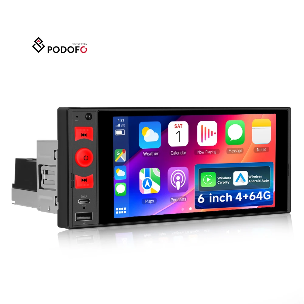 Podofo Single Din Android Car Stereo 6 Inch 4+64G Wireless Carplay/Android Auto Incell Screen GPS/WIFI/FM/USB/BT/EQ OEM Factory A4397