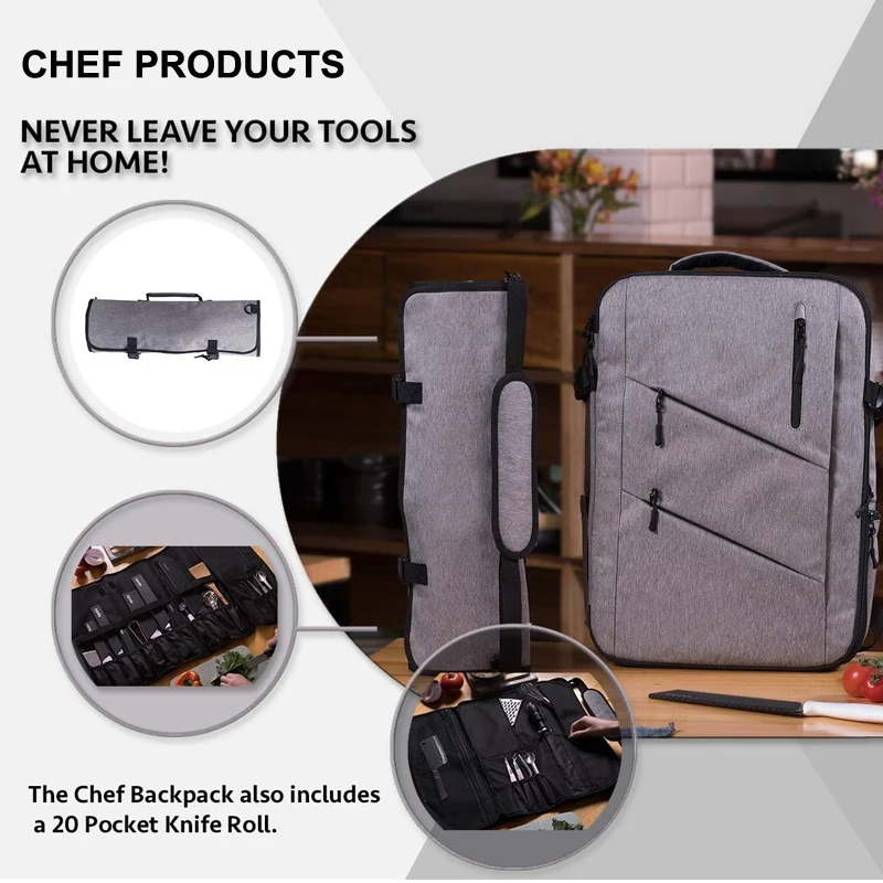 Professional Heavy Duty Work Tool Bag Chef Knife Backpack with Laptop Pocket & 20 Pocket Knife Roll Bag