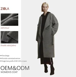 Winter Women's Casual Wool Coat with Double Sided Stand Collar Long Clothing Belt Closure