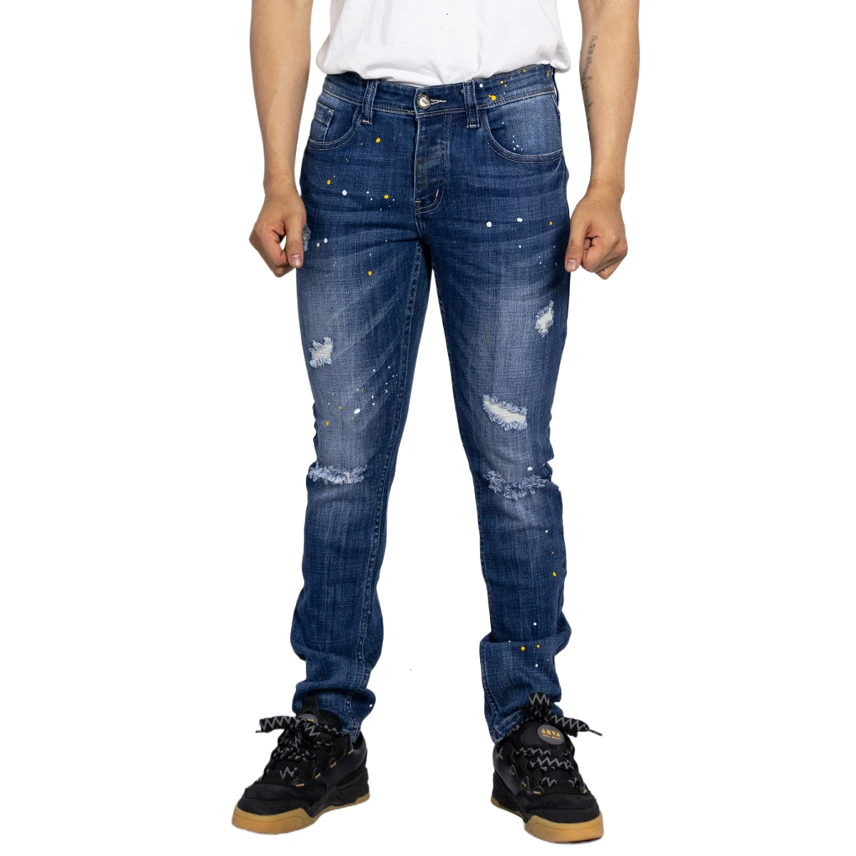 Blue Denim High Quality Dip Ripped Slim Jeans Men Designer High Street