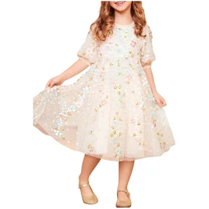 Customizable Girls Dress for Kids Party O-Neck Short Sleeve 3D Printed Design Sequined Decoration Gloss Confetti for Summer ODM