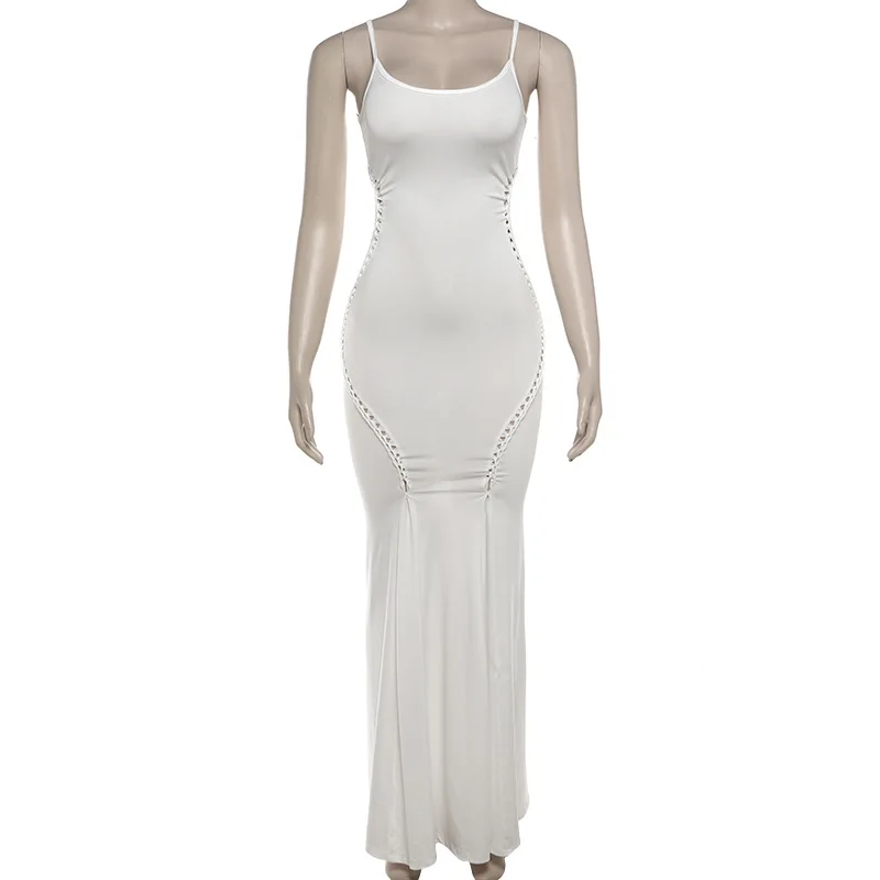 sleeveless maxi dress with pleats, bodycon fit and square neckline