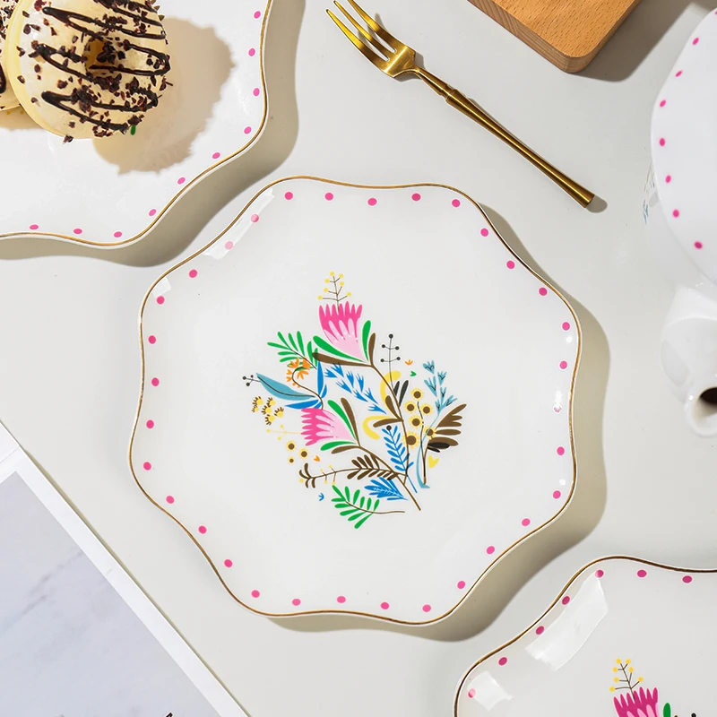 Spring Floral Patterned Side Dinnerware Porcelain Salad Plates Pink Rose and Gold White Wedding Set details