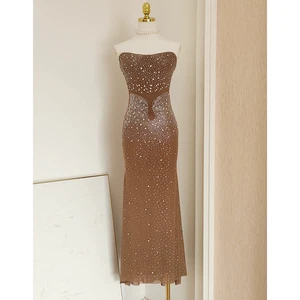 Factory Wholesale Runway Fashion Party Dress Women Spring Summer Strapless Luxury Diamonds Beading Elegant Midi Female