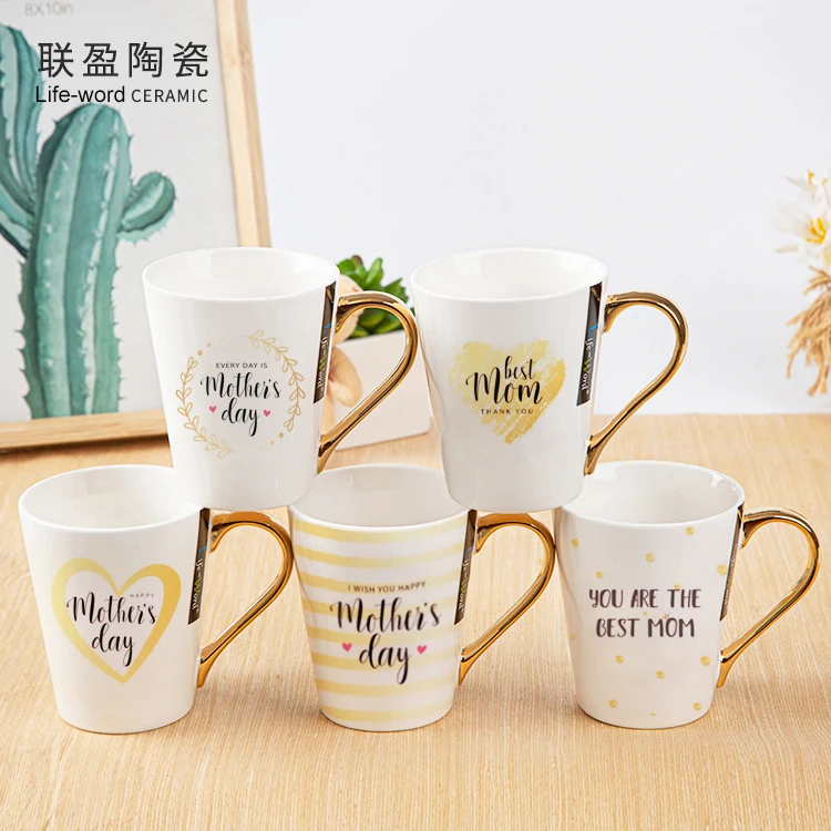 European Pattern Mothers Coffee Cup Gold Day Gift Ceramic Hot Sale Novelty  Handled Luxurious Wedding Customized Ceramic Mugs