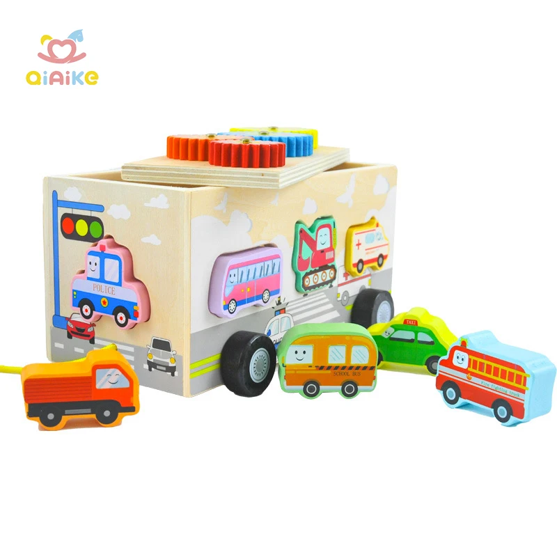 Montessori Wooden Toddler Toys Traffic Fruit Shape Matching Pulling Cart Educational Toy 1-3 Years En71 Certified Boys Girls