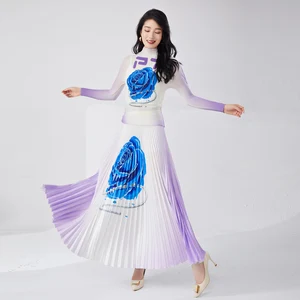 Women's Pleated Fashionable Two-Piece Design Casual Style Loose Stretch Printed Long-Sleeved Top and A-Line Skirt Set