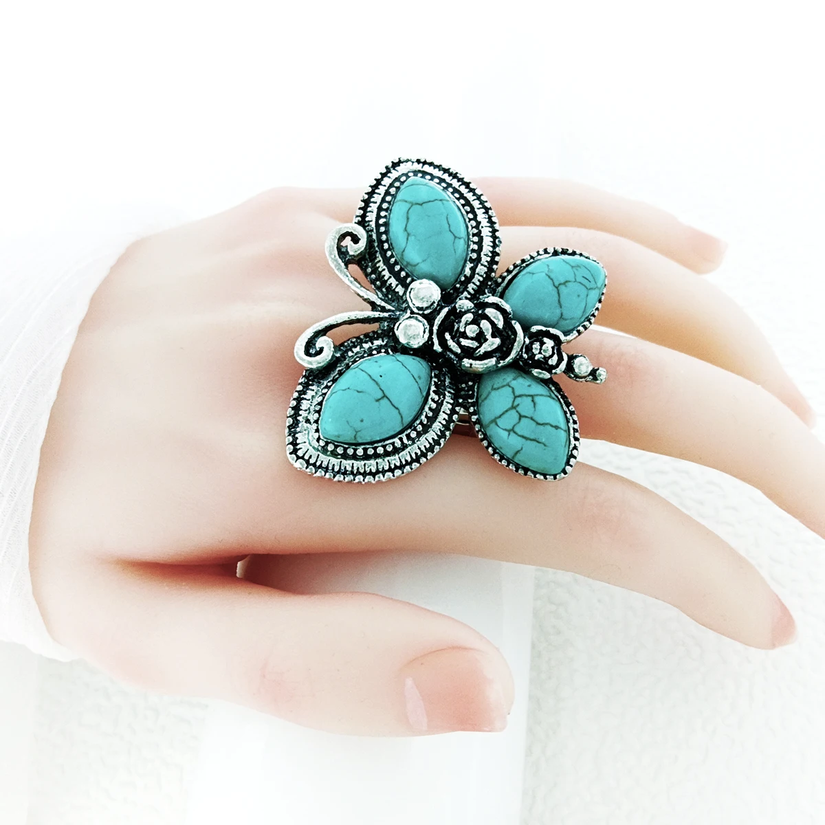 product new fashion custom vintage butterfly geometric shell turquoise natural stone elastic ring for women742-3