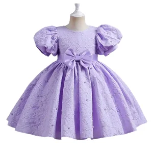 Best Quality Puff Sleeve Kids Dresses for Girls Party Soft Cotton Polyester Summer Dresses With Bow