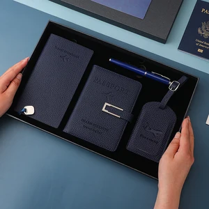 Wholesale Custom PU Leather Passport Holder Travel Suitcase Tag Travel Notebook Gift Box Set with Pen