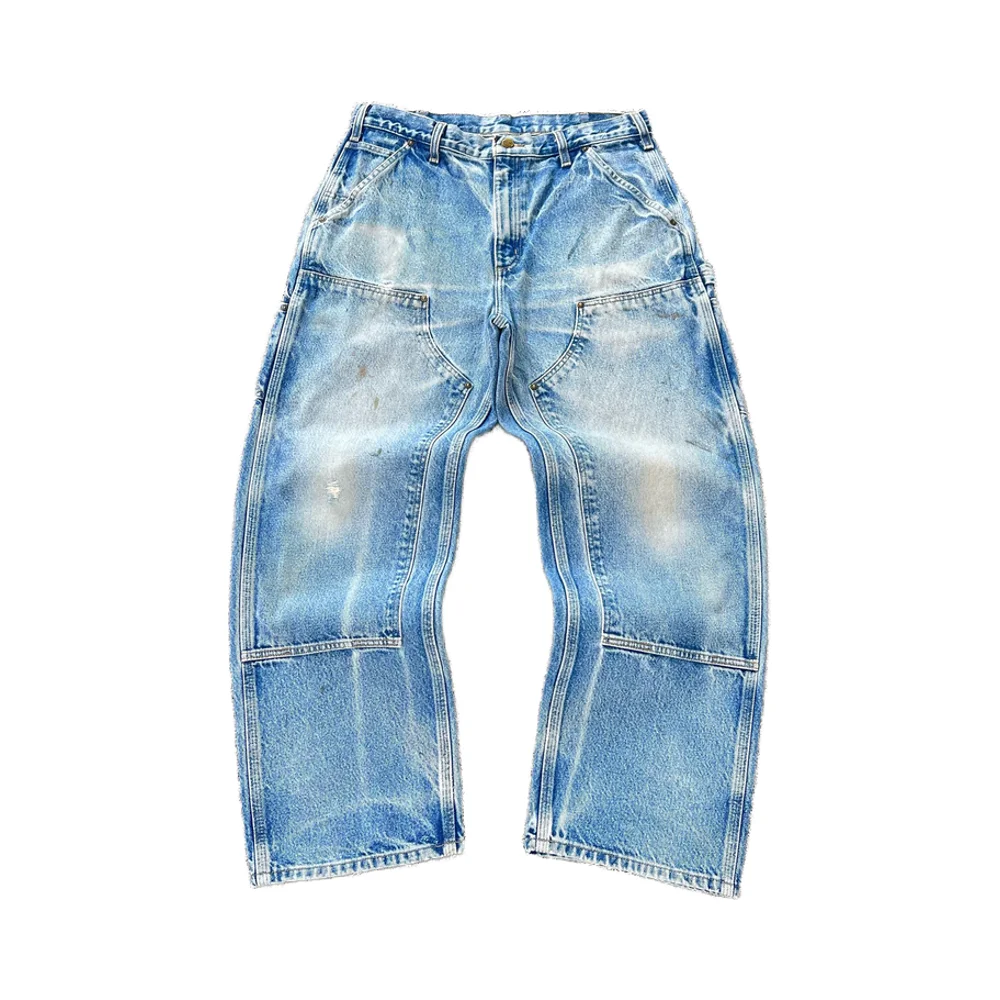 Salati Custom Men's Jeans Sun Faded Wash Double Knee Oversized Straight Carpenter Man Cargo Trousers High Baggy Boyfriend Print