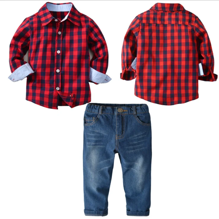 New Fashion Kid Clothes Long Sleeve Red Lattice Shirt Sling Pants Boy Sets 19a306 Buy Baby Boys Boutique Clothing Kids Palazzo Pants Long Sleeve Lattice Shirt Sling Pants Boy Set Product