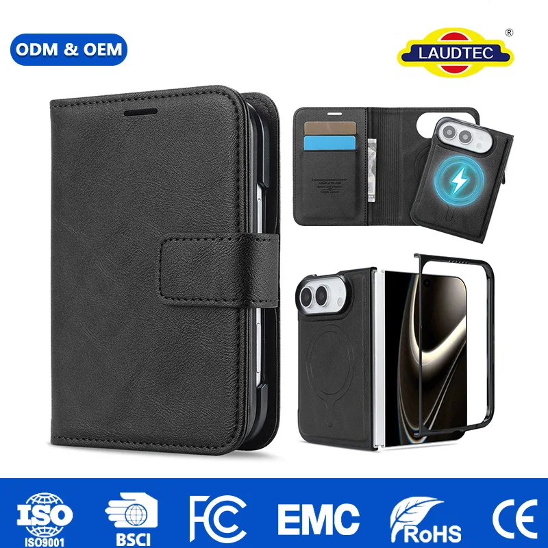 Vente en gros d’étuis portefeuille en cuir PU artisanal à protection 360° contre les chutes, avec fermeture magnétique, blocage RFID et étanchéité, pour iPhone Duo
