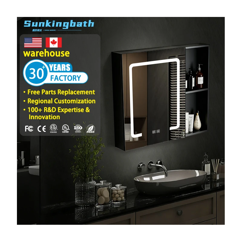 Hot Selling Water Resistant LED Aluminum Medicine Bathroom Vanity Cabinet Wall-Mounted Mirror Cabinet for Hotel Apartment