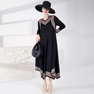 Miyake 2025 New Summer Casual Style Long Sleeve Women's African Dress With Loose Belt Printed Pleated Dress Women's Clothing