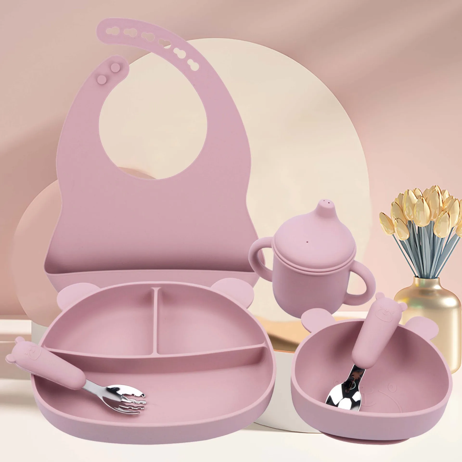 Silicone Baby Dish Set Bear Shape Dinner Plate Suction Bowl Children