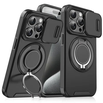 Heavy Duty Armor Magnetic Phone Case for iPhone 17 16 15 Pro Max Shockproof Slide Camera Cover with 360 Rotate Ring Stand Holder