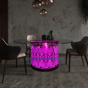 Modern Round Glass Top Dining Table LED Metal Frame and Acrylic Cylinder Base Glowing Design for Home Bar Hotel KTV