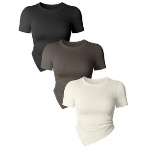 Women's Breathable Lightweight Seamless Yoga Sports Top Crew Neck Fitting Short Sleeved Irregular Hem Plus Size Options Four-Way