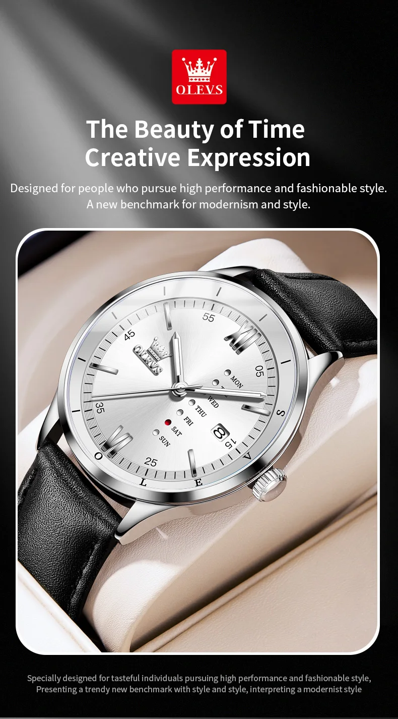 OLEVS 2931 Original Leather Strap Fashion Waterproof Quartz Top Brand Luxury Men's Wrist Watch Men Business Luminous Watches