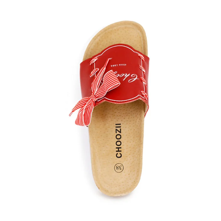 Choozii Free Custom Embossing Logo Ladies Slippers Leather Upper Cork Sole Fashion Outdoor Slides Slippers for Women