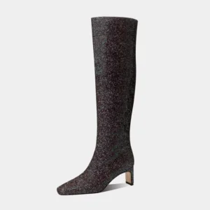 Iridescent Purple Gradient Mid-Heel Over-the-Knee Boots with Rhinestones Comfortable Square Toe Design for Winter Autumn Parties