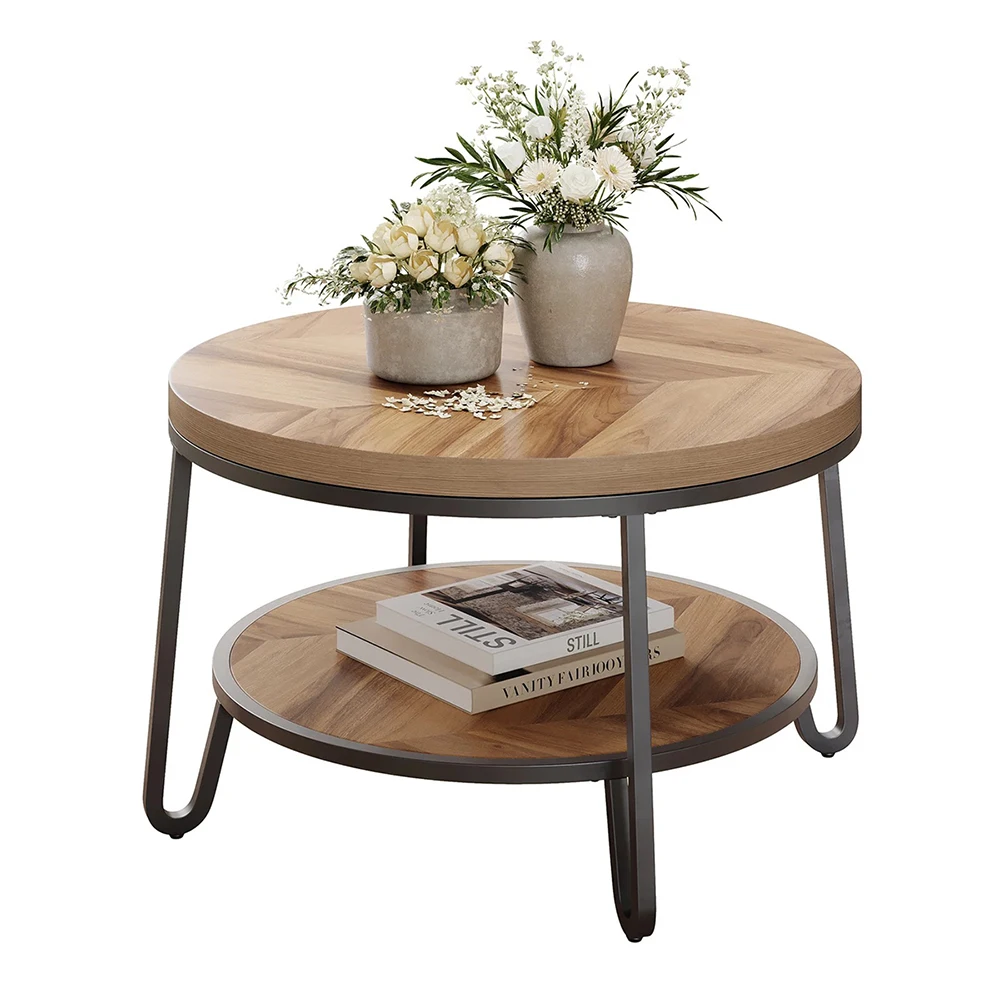 Modern 32\" Circle Accent Center Table with 2-Tier Storage Shelves Easy Assembly Wood Grain Design for Living Room Coffee Table details