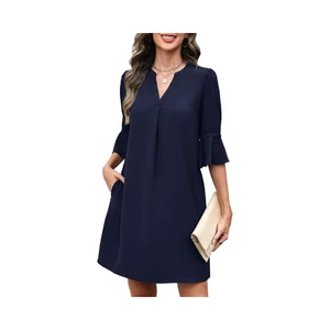 Women's Summer Casual Maxi Dress V Neck Ruffle Short Sleeve Loose Fit Pockets Chiffon Fabric Natural Waistline Front Logo Solid