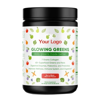 Private Label Green Superfood Powder with Collagen Peptides and Prebiotics Probiotics for Gut Health and Digestive Support